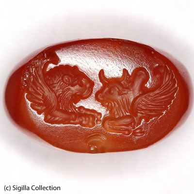 Sasanian Seals Protomes, winged lion and hump bull